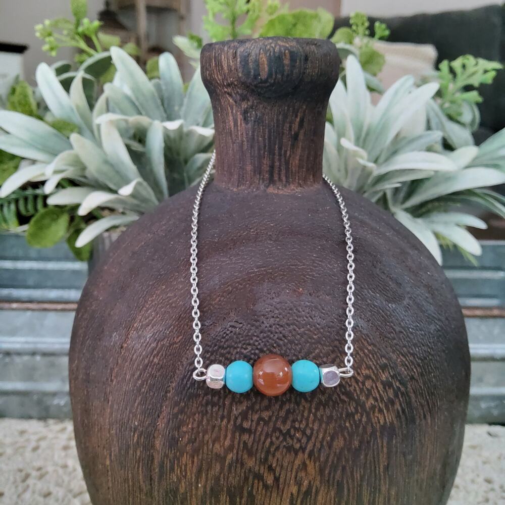 Women's Fashion Brown Cat Eye Bead & Turquoise Silver Necklace